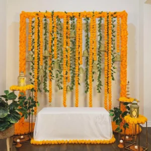 Orange And Green Garland Haldi and Mehndi Backdrop