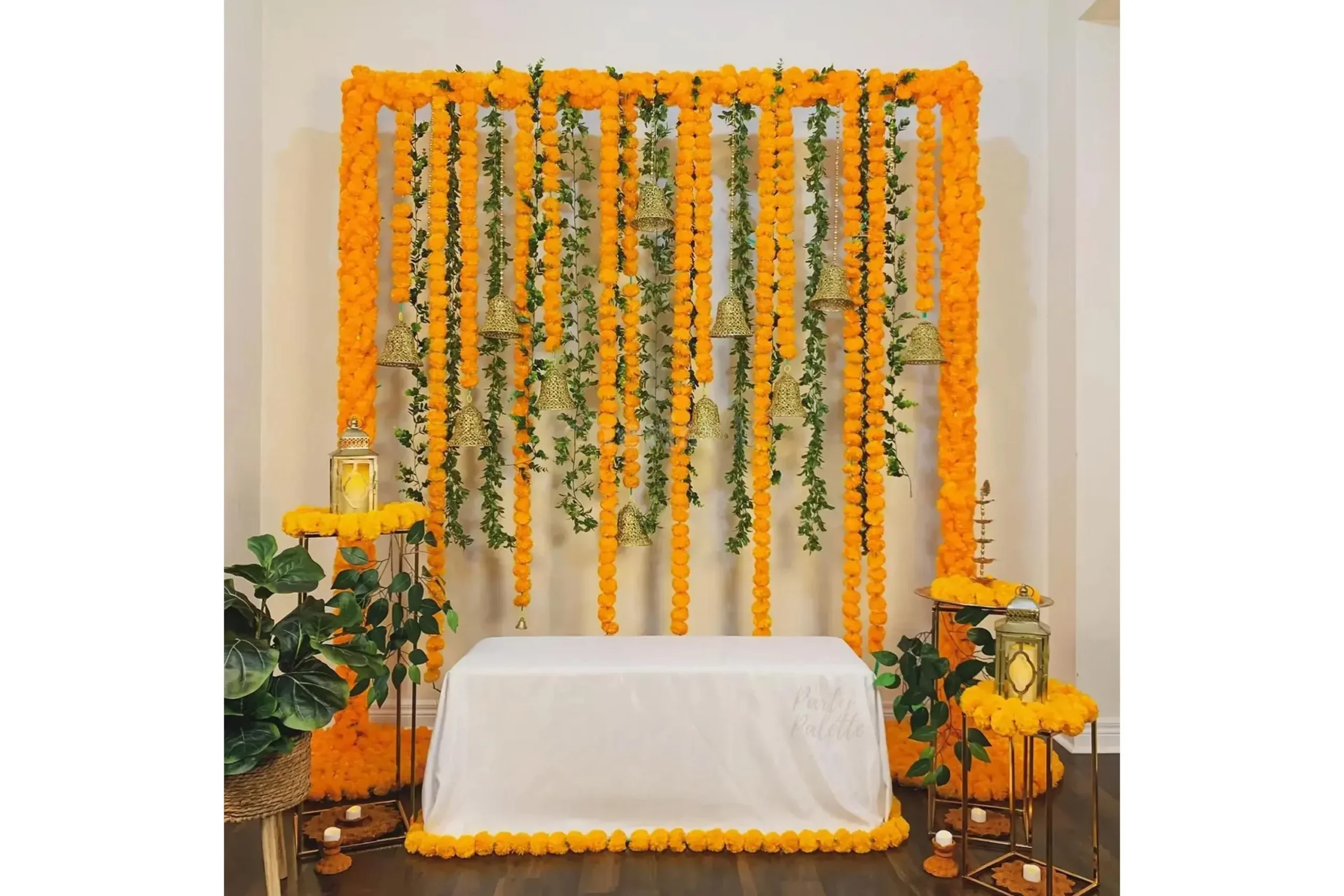 Orange And Green Garland Haldi and Mehndi Backdrop
