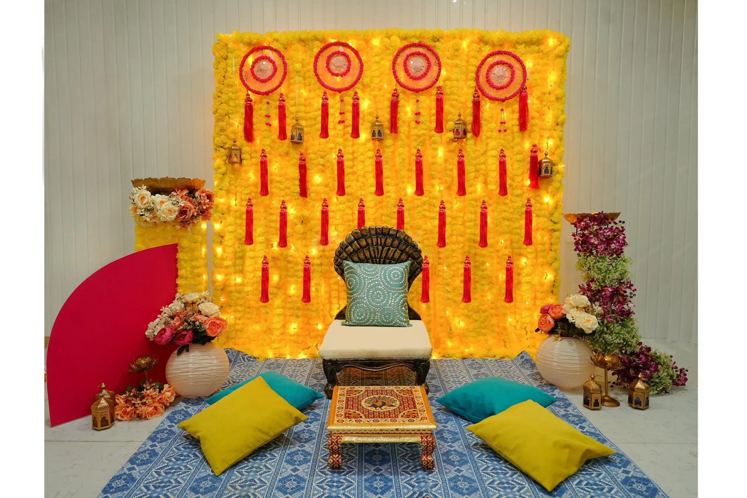 Pink And Yellow Flower Haldi/Mehndi Decor