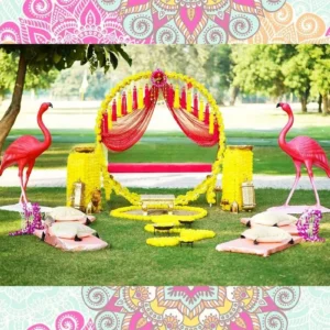 Pink and Yellow Haldi And Mehandi Flamingo Theme Decor
