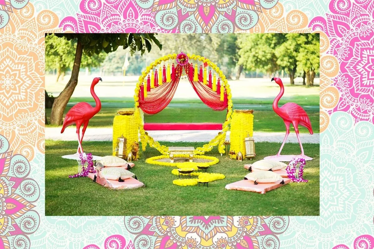 Pink and Yellow Haldi And Mehandi Flamingo Theme Decor